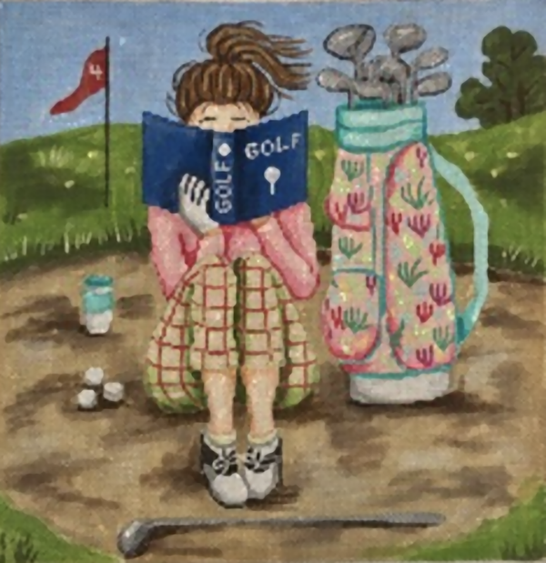 Needlepoint Handpainted Gayla Elliot Stitching Girl Golf