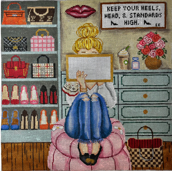 Needlepoint Handpainted Gayla Elliot Stitching Girl Couture Closet