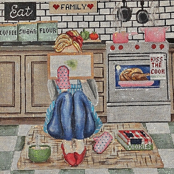 Needlepoint Handpainted Gayla Elliot Stitching Girl Kitchen