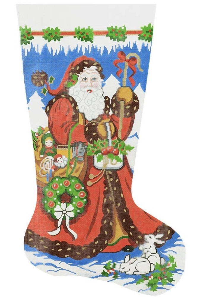 Needlepoint HandPainted Lee Christmas Stocking Strolling Santa 23"