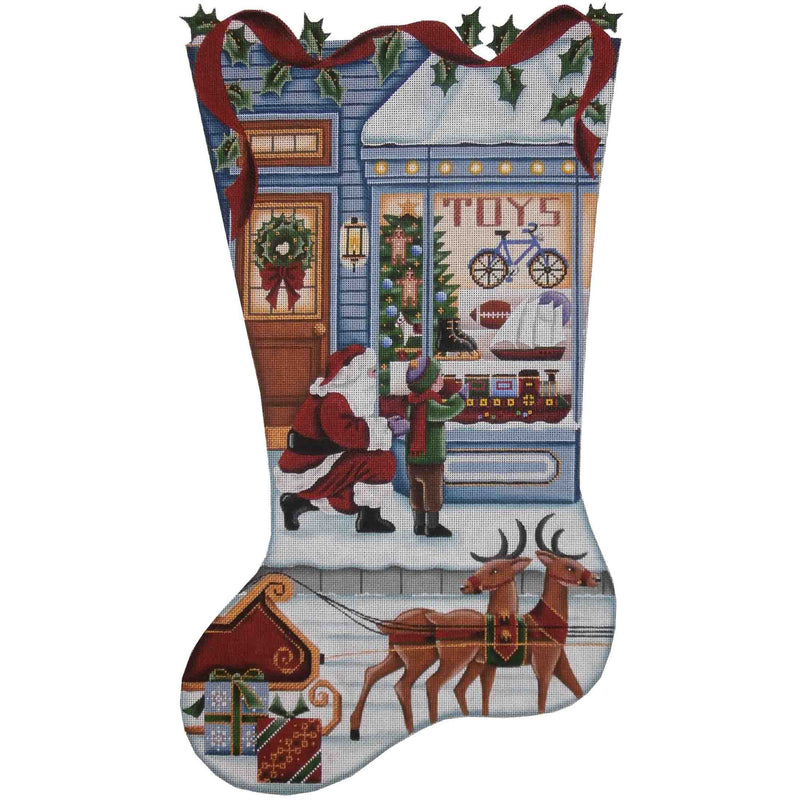 Needlepoint Handpainted Rebecca Wood Stocking Toy Store Dreams Boy Toe RIGHT