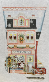 Needlepoint Handpainted Rebecca Wood Christmas Stocking Toy Shop Pink Right