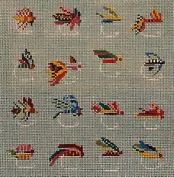 Needlepoint HandPainted Cooper Oaks Trout Flies 8x8