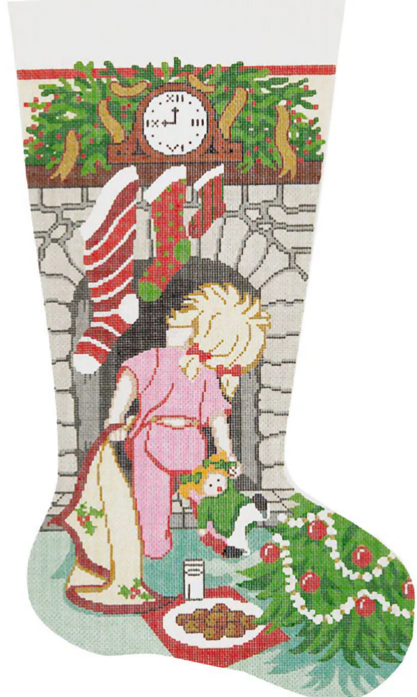 Needlepoint Handpainted Lee Christmas Stocking Where is Santa Girl