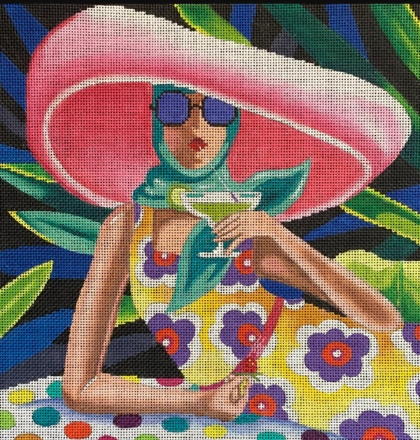 Needlepoint Handpainted Colors of Praise Woman Sipping Cocktail PE200