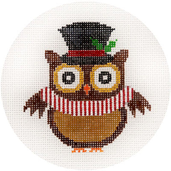 NEEDLEPOINT HandPainted JP Needlepoint TOP Hat Owl Ornament 4.5"