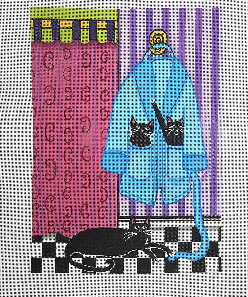 Needlepoint Handpainted Cindi Lynch Black Cats on Plush Robe 8x11