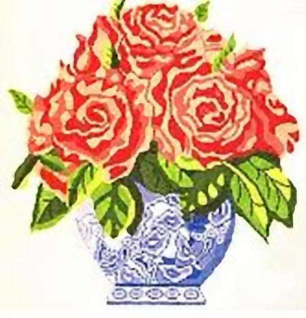 Needlepoint Handpainted Jean Smith Blue Vase of Roses ~ Pink or Coral 14x14