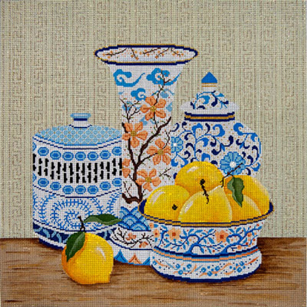 Needlepoint Handpainted JP Needlepoint Blue Vases and Lemons 14x14