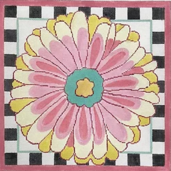 Needlepoint Handpainted Jean Smith Bold Yellow and Pink Daisy 14x14