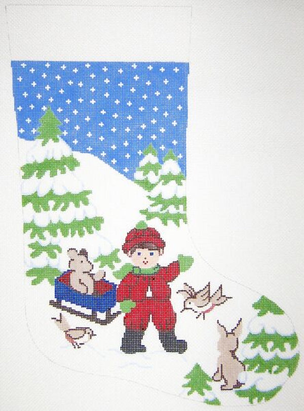 Needlepoint Handpainted Christmas STOCKING Boy w Sled 18"