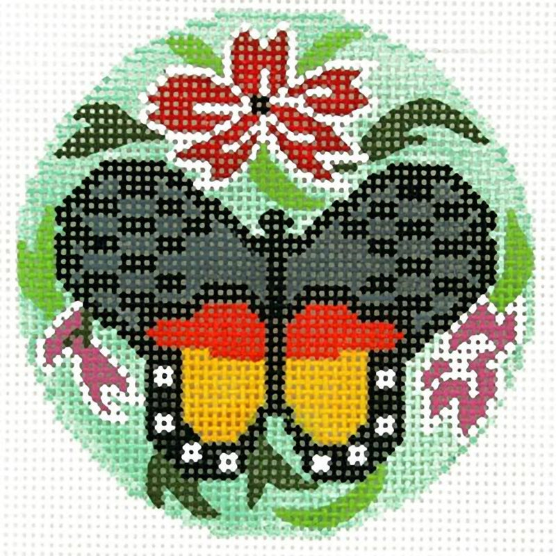 Needlepoint Handpainted Lee BJ Canvas Butterfly with Flowers 3"