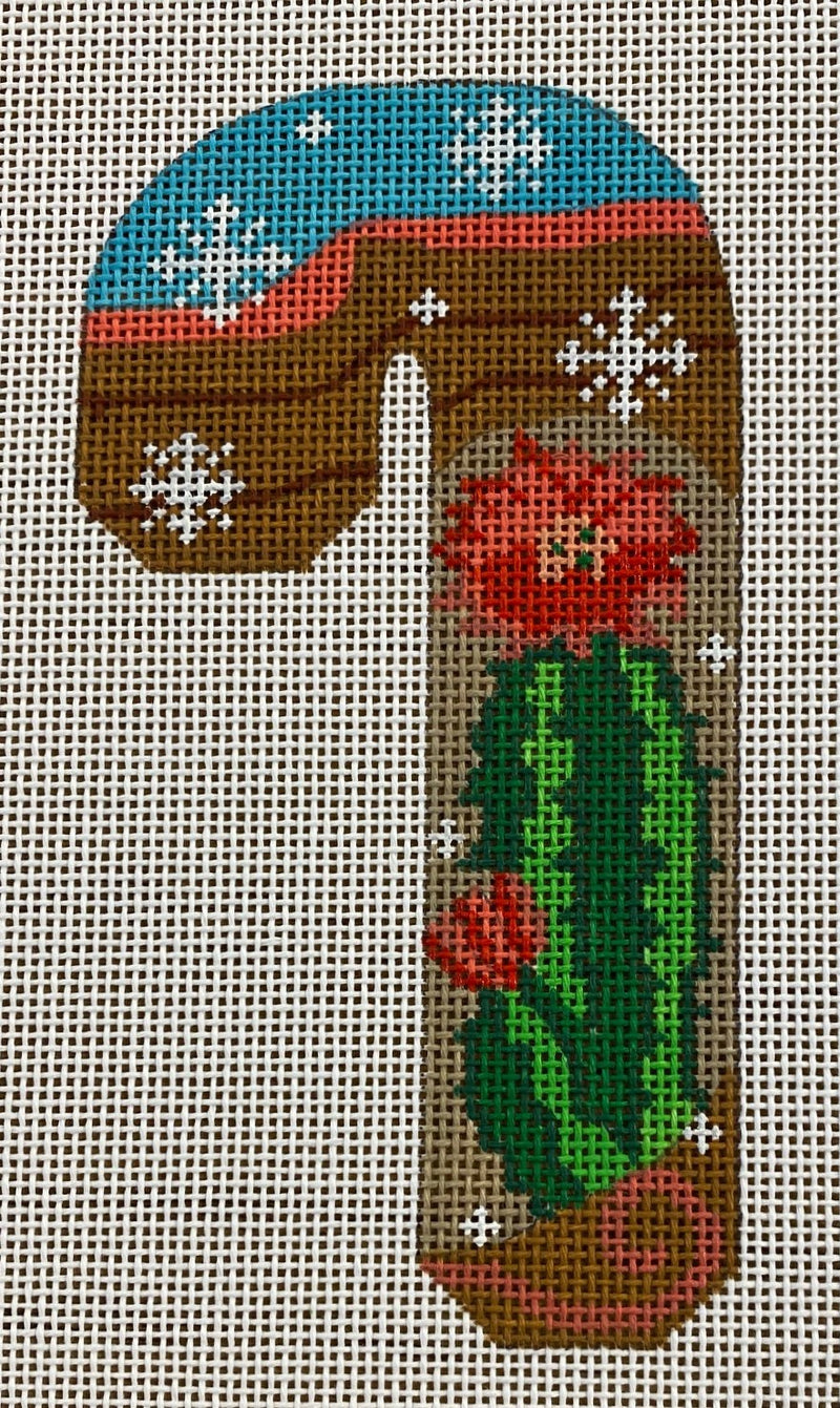 Needlepoint Handpainted Christmas Danji Cactus in Bloom Candy Cane 3x5