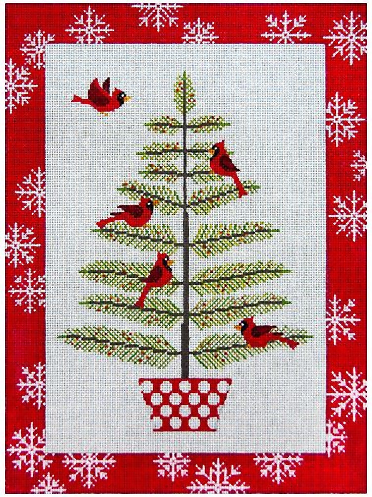 Needlepoint Handpainted Christmas JP Needlepoint Cardinals in Pine Tree 8x11