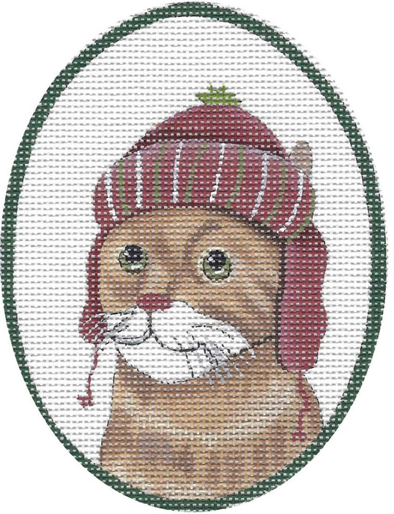 Needlepoint Handpainted Christmas CBK Cat with Red Hat 3x4
