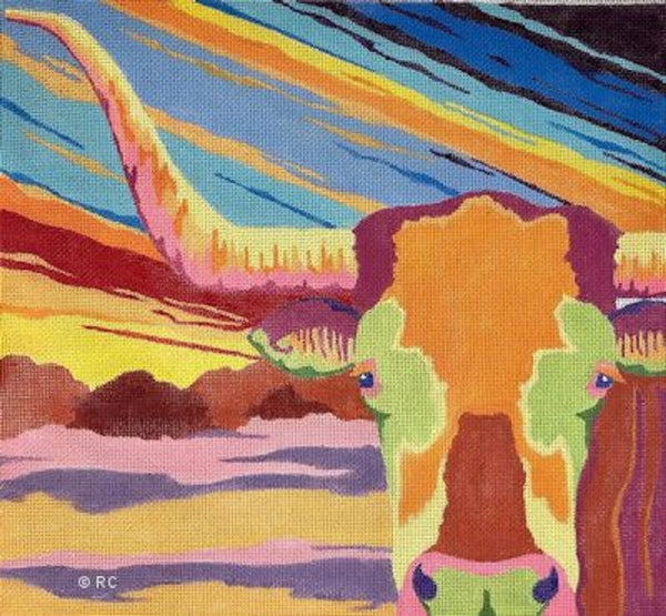 Needlepoint Handpainted Raymond Crawford Colorful Longhorn 12x12