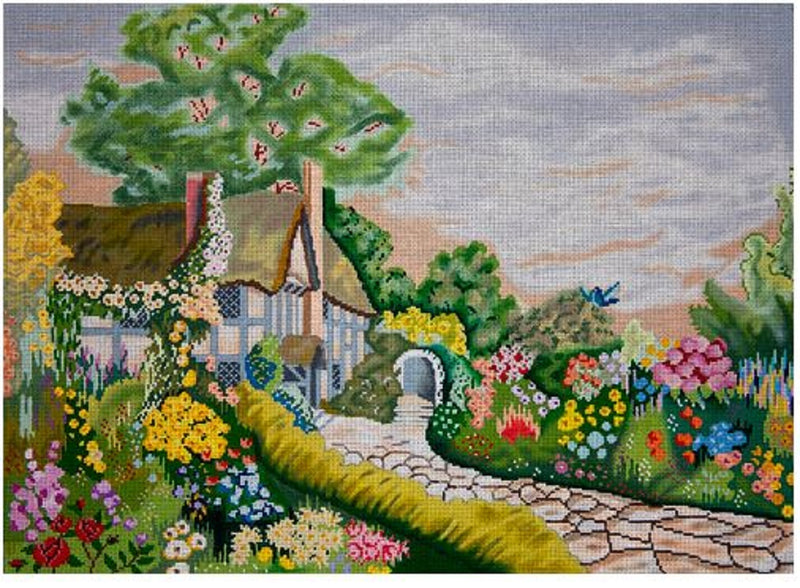 Needlepoint Handpainted JP Needlepoint Cottage and Flowers 13x18