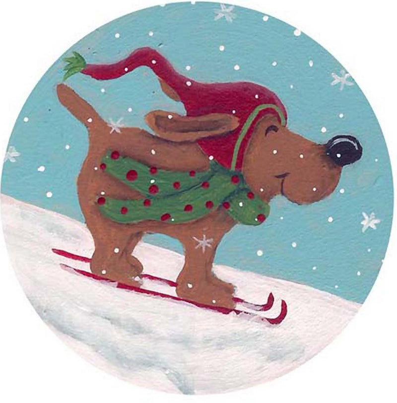 Needlepoint Handpainted Christmas CBK Dog Skiing 4.5"