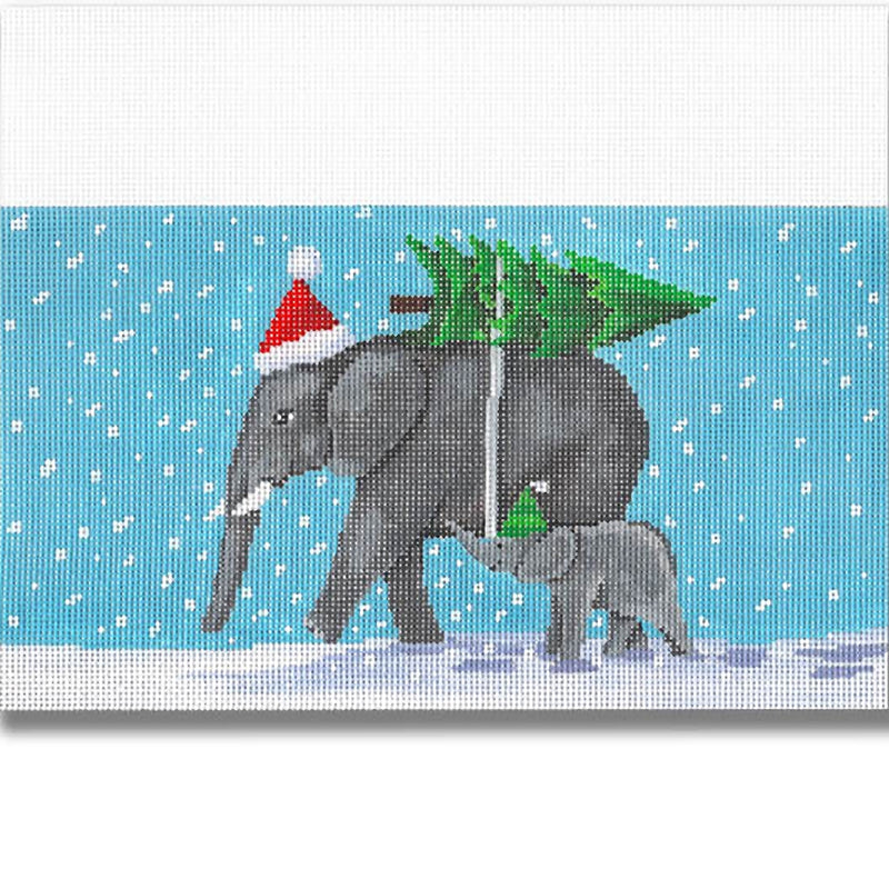 Needlepoint Handpainted Christmas Stocking Cuff CBK Elephants w/ Tree 9x7