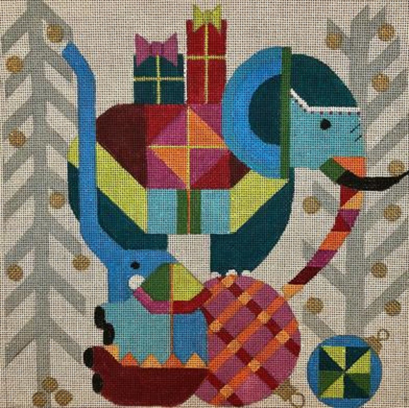 Needlepoint Handpainted Christmas Melissa Prince Elephants Abstract 10"