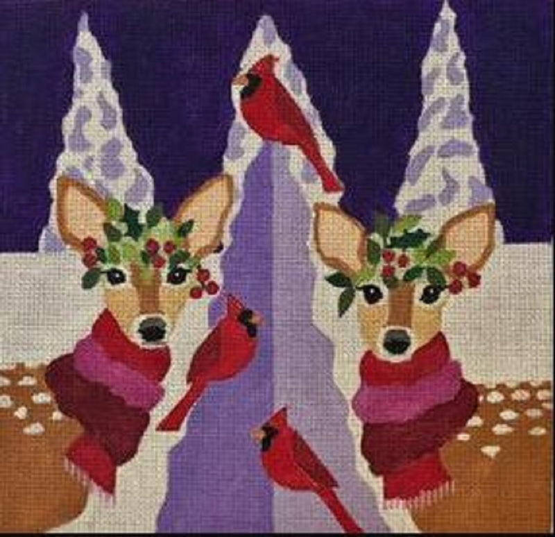 Needlepoint Handpainted Christmas Melissa Prince Fawns and Cardinals 10x10