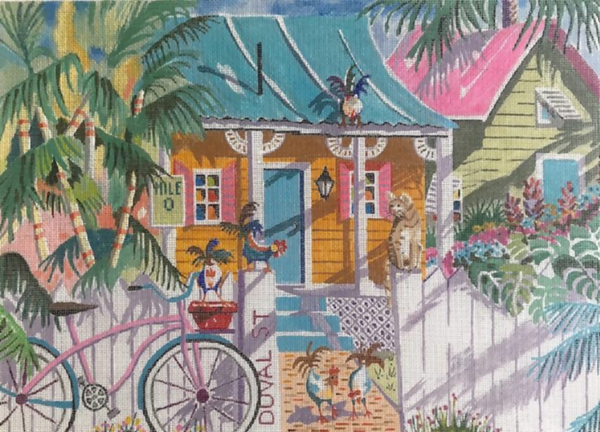 Needlepoint Handpainted Purple Palm Key Lime Cottage 11x15