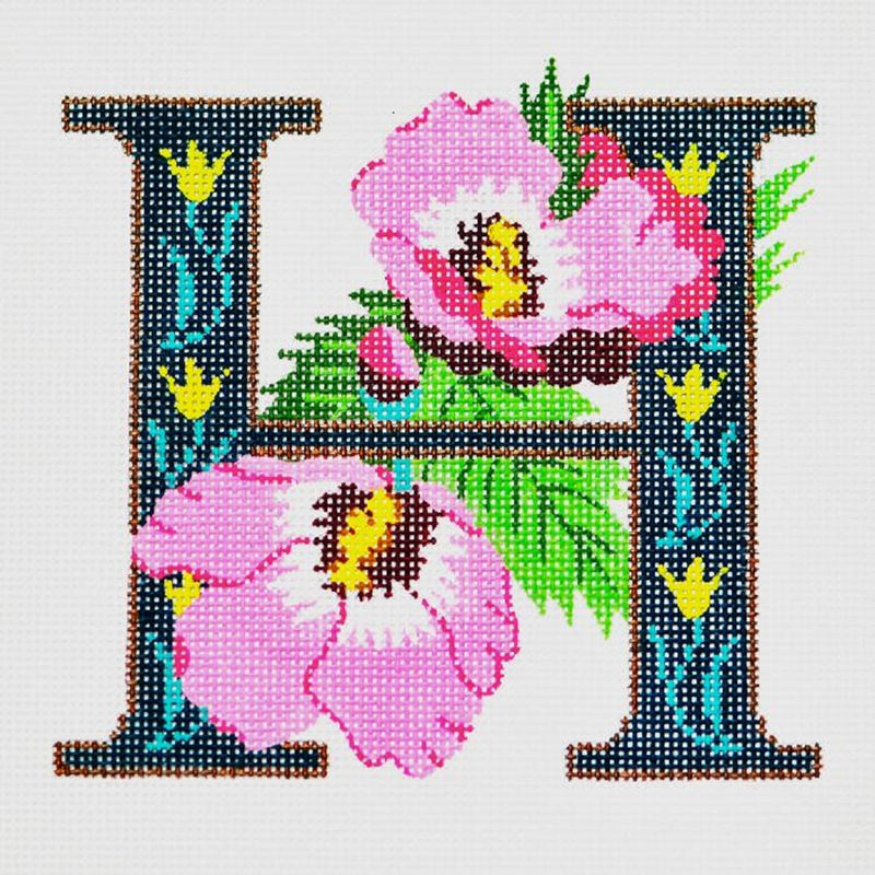 Needlepoint Handpainted LEE'S Initial LETTER H Hibiscus 7x7
