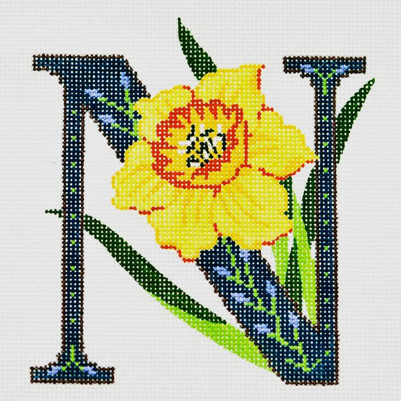 Needlepoint Handpainted Lee Initial Letter N Narcissus 7x7