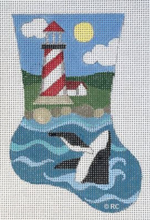 Needlepoint Handpainted Raymond Crawford Christmas Lighthouse Mini Sock 5"