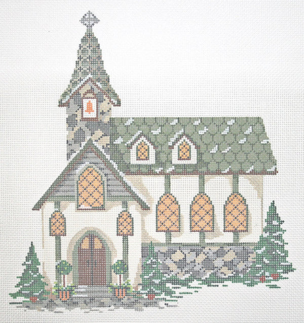 Needlepoint Handpainted KELLY CLARK Christmas Village Old Stone Church + SG