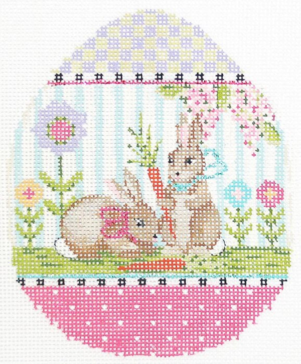 Needlepoint Handpainted Kelly Clark Easter Egg Pair o Bunnies 4x5