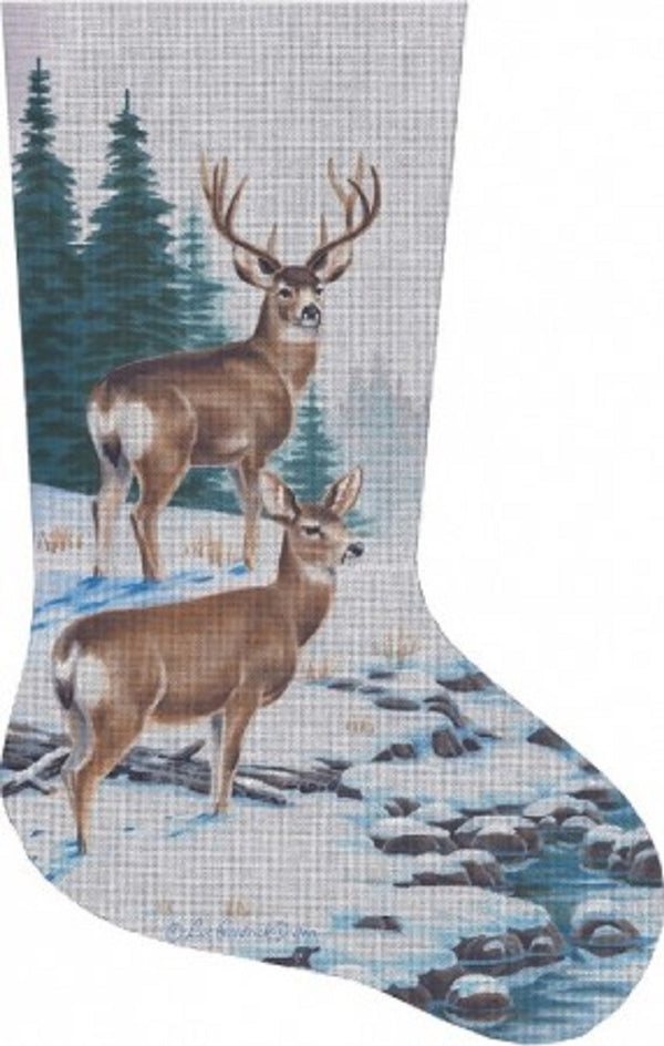 Needlepoint Handpainted Liz Goodrick Dillon Christmas Stocking Pair of Deer 20"