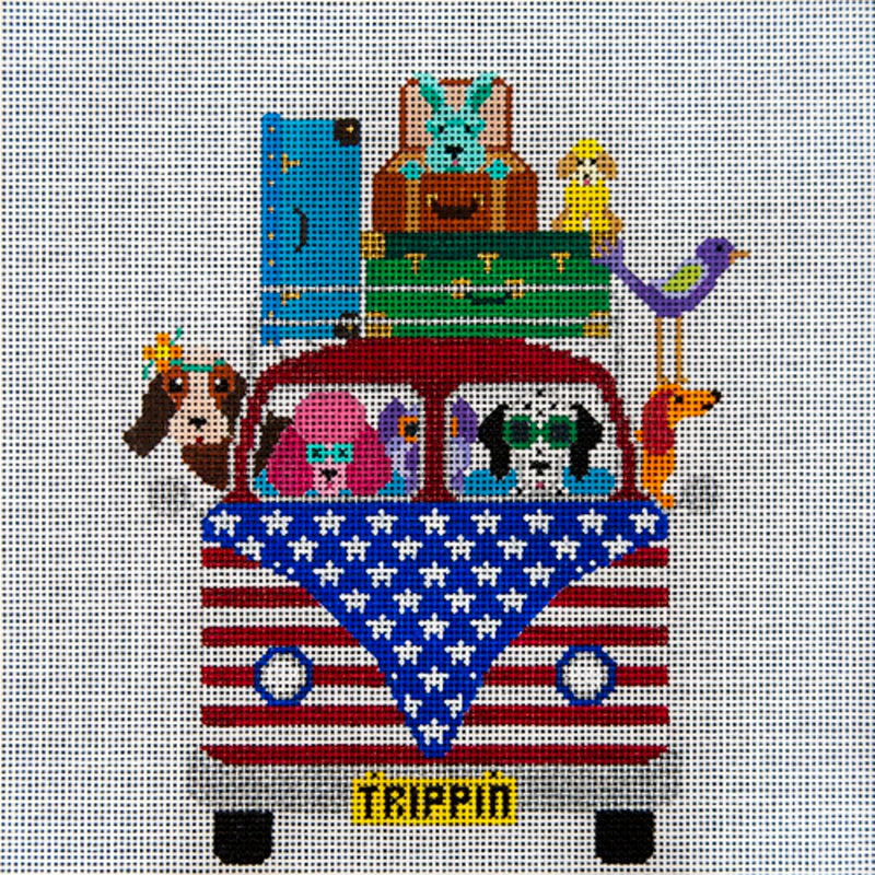 Needlepoint HandPainted JP Needlepoint Patriotic Pups Trippin Along 10x10