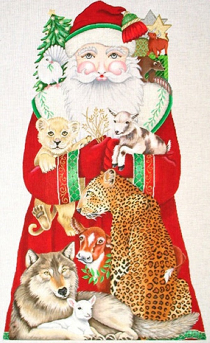 Needlepoint Handpainted Amanda Lawford Christmas Peaceable Kingdom Santa 20"