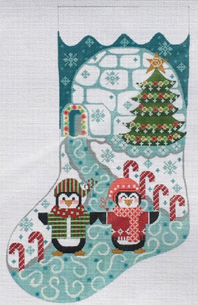 Needlepoint Handpainted Danji CHRISTMAS Penguin Stocking 16"