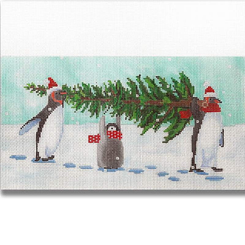 Needlepoint Handpainted Christmas Stocking Cuff CBK Penguins w/ Tree 9x7