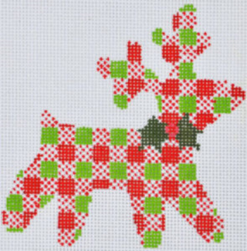 Needlepoint Handpainted Christmas Danji Plaid Reindeer 4x4