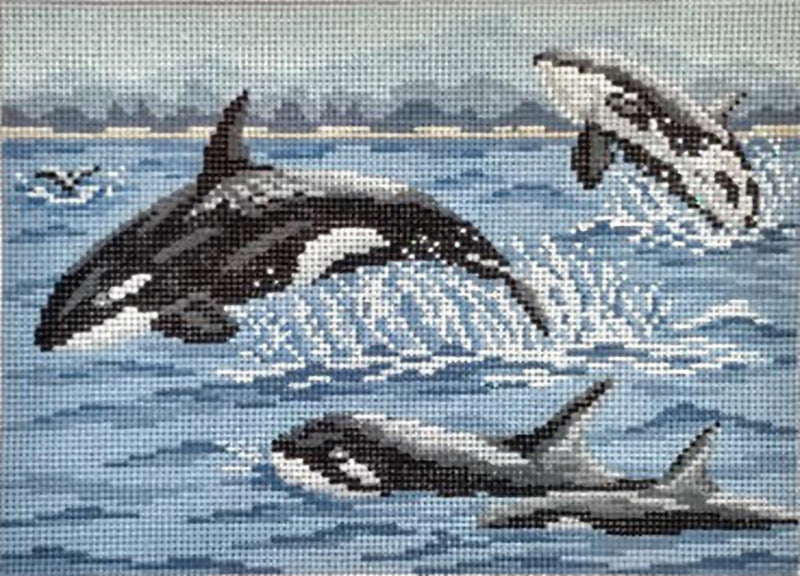 Needlepoint Handpainted Needle Crossings Pod of Orcas 18 Mesh