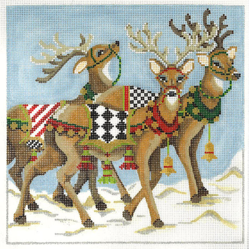 Needlepoint Handpainted Kelly Clark Christmas Prancing Reindeer 8x8