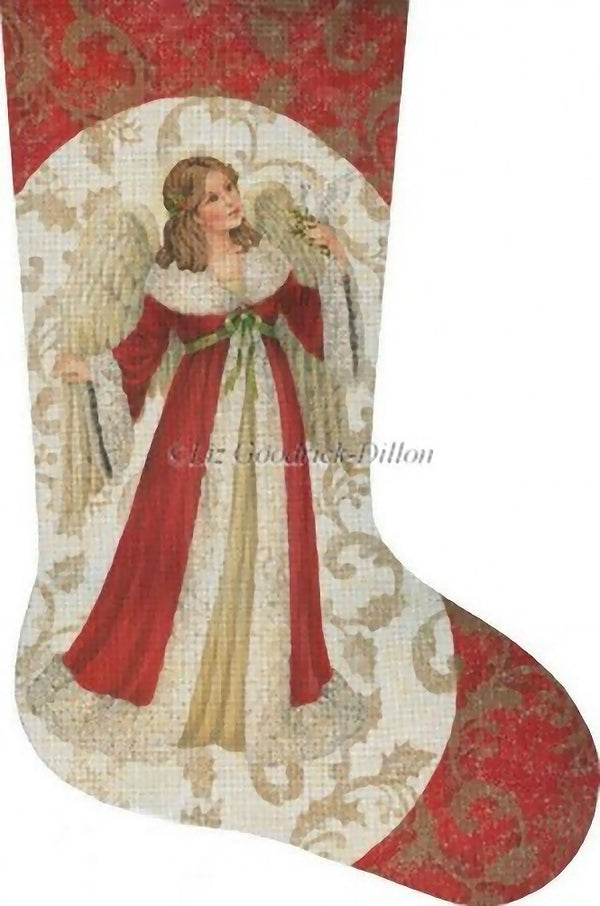 Needlepoint Handpainted Liz Goodrick Dillon Christmas Stocking Red Angel w/ Dove
