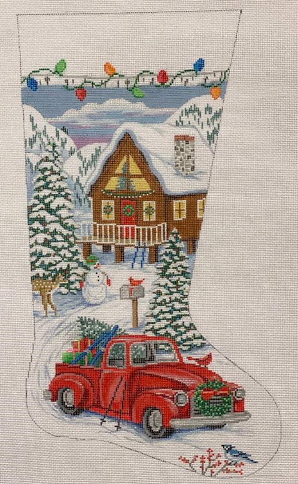 Needlepoint Handpainted Christmas Stocking Alice Peterson Red Truck Ski Cabin