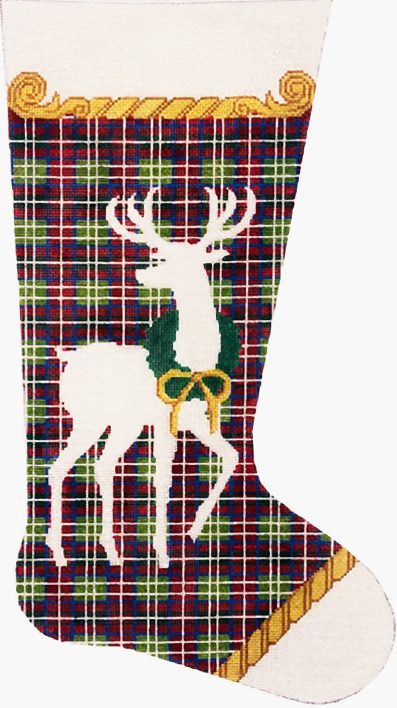 Needlepoint Handpainted Christmas Stocking Alice Peterson Reindeer on Plaid 20"