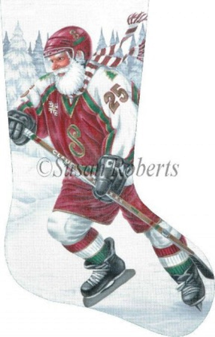 Needlepoint Handpainted LIZ Goodrick Dillon Christmas Stocking Santa Hockey 21"
