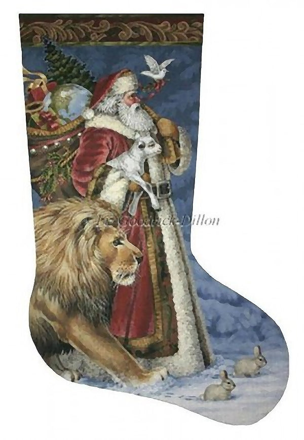 Needlepoint Handpainted Liz Goodrick Dillon Christmas Stocking Santa Peace 21"