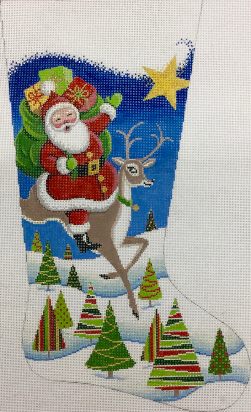 Needlepoint Handpainted Christmas Alice Peterson Santa on Reindeer in Flight 19"