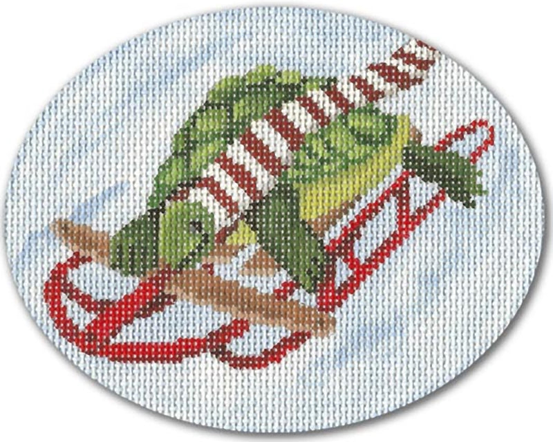 Needlepoint Handpainted Christmas CBK Sledding Turtle 5x4