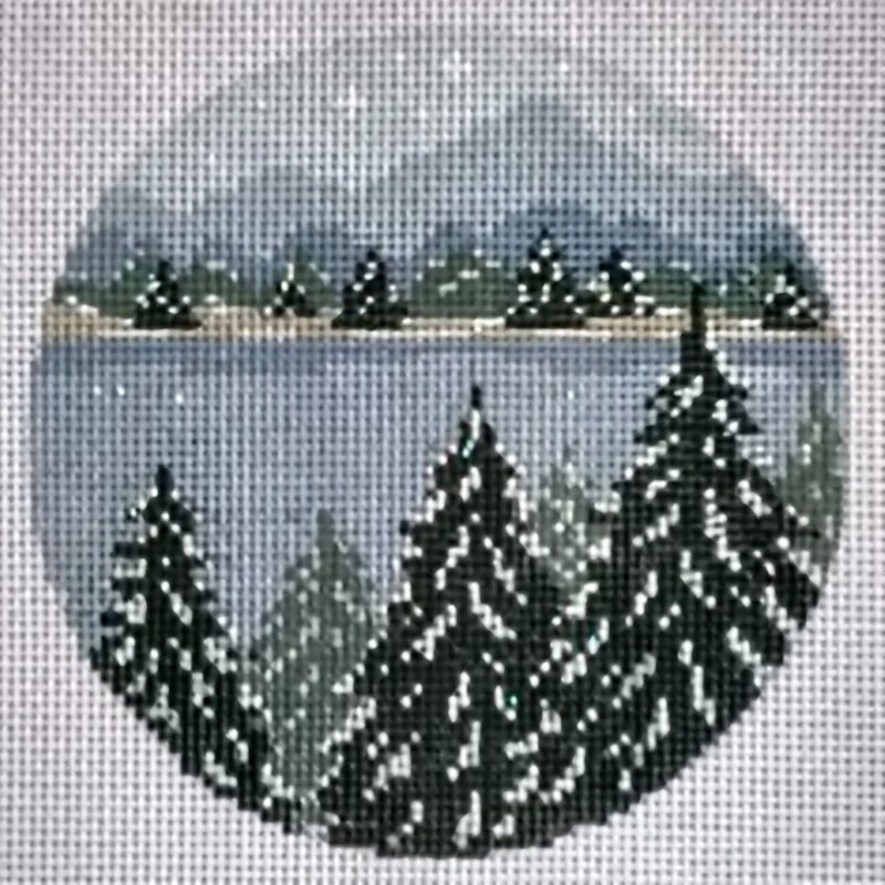 Needlepoint Handpainted Christmas Needle Crossings Snowy Forest  4"