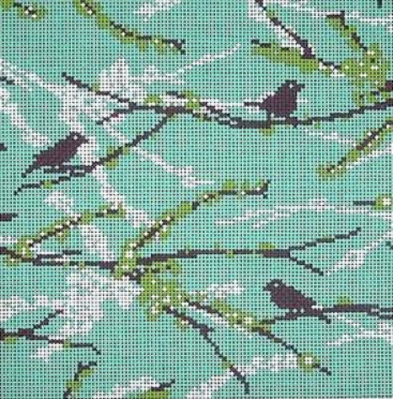 Needlepoint Handpainted Cooper Oaks Sparrows Lilac 10x10