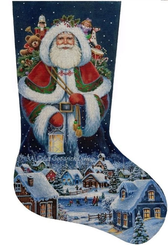 Needlepoint Handpainted Liz Goodrick Dillon Spirit Christmas Village Stocking