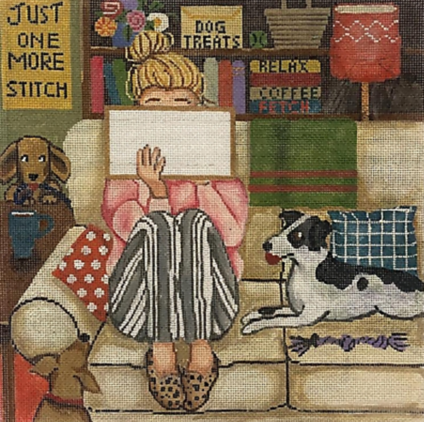 Needlepoint Handpainted Gayla Elliot Stitching Girl with Dogs